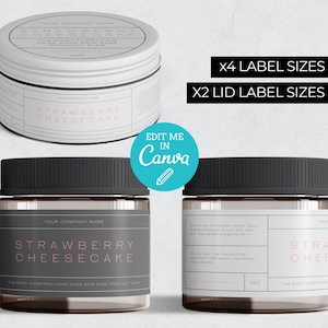 May include: Two glass jars with black lids and white labels. The labels have the text "Strawberry Cheesecake" and the company name. The jars are on a white background. The text "x4 Label Sizes" and "x2 Lid Label Sizes" is above the jars. The text "Edit Me in Canva" is in a blue circle with a pencil icon.