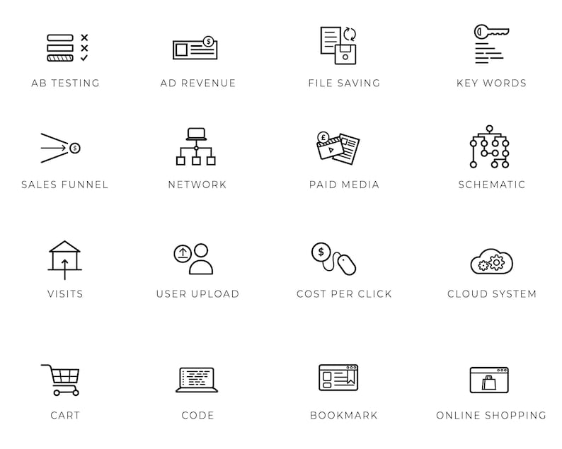 May include: A black and white illustration set of 14 icons representing various e-commerce concepts, including AB testing, ad revenue, file saving, keywords, sales funnel, network, paid media, schematic, visits, user upload, cost per click, cloud system, cart, code, bookmark, and online shopping.