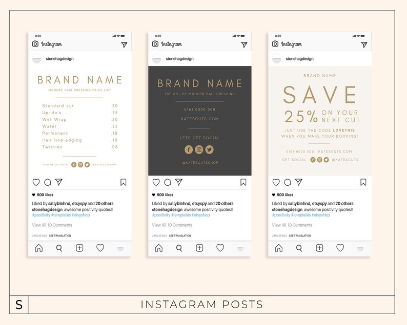 Puede incluir: Tres maquetas de publicaciones de Instagram con un esquema de color dorado y negro. La primera publicaci&oacute;n enumera los precios de los servicios de peluquer&iacute;a. La segunda publicaci&oacute;n anuncia una peluquer&iacute;a con un n&uacute;mero de tel&eacute;fono y enlaces a las redes sociales. La tercera publicaci&oacute;n anuncia un descuento del 25% en un corte de pelo con el c&oacute;digo LOVETHIS.