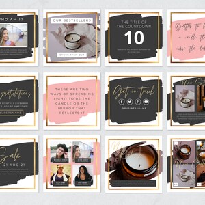 May include: A collection of square social media posts with gold frames and brushstroke backgrounds. The posts feature text, images of candles, and phrases like "Our Bestsellers" and "New Collection."