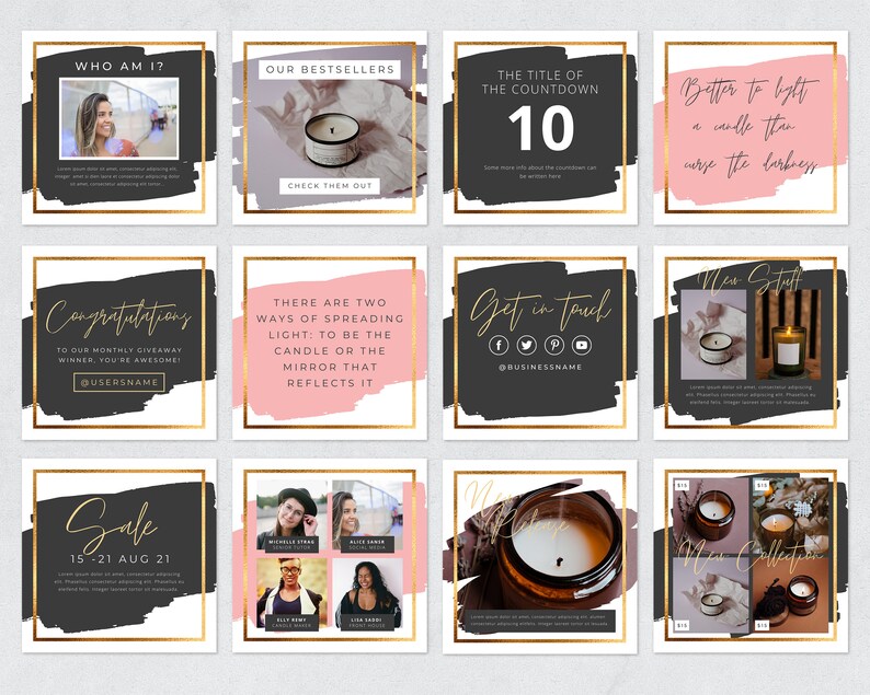 May include: A collection of square social media posts with gold frames and brushstroke backgrounds. The posts feature text, images of candles, and phrases like "Our Bestsellers" and "New Collection."