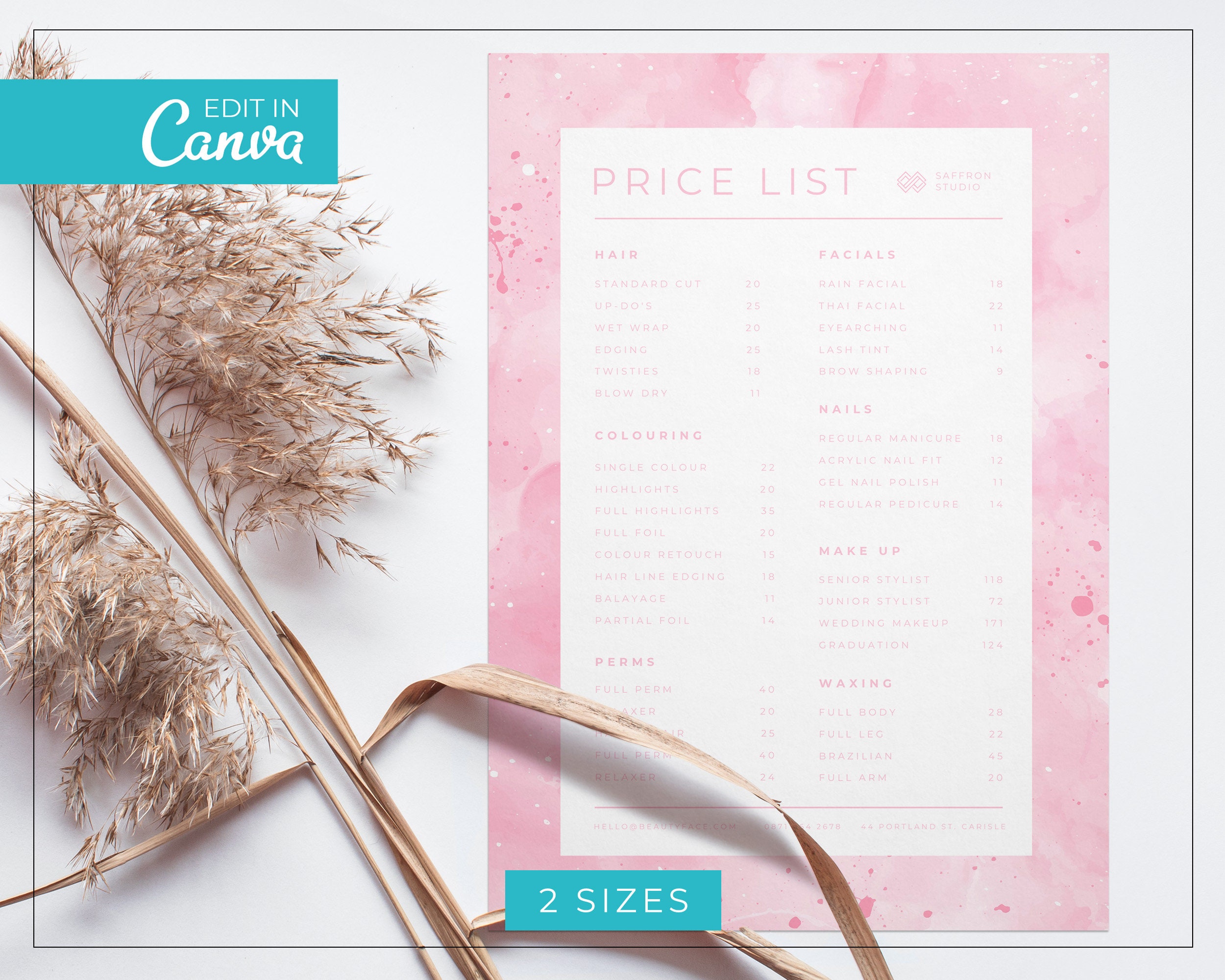 Pink Price List Template / Lady Boss Editable Pricelist / Beauty Salon ...