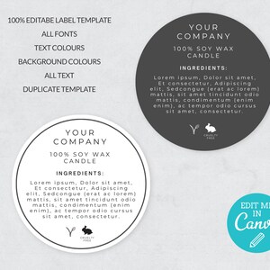 May include: A white and black circular label template for a soy wax candle. The label features the text "Your Company", "100% Soy Wax Candle", and "Ingredients:". The text is in a white sans-serif font on a black background. The label also includes a small graphic of a leaf and a rabbit with the text "Cruelty Free".