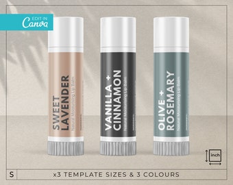 May include: Three lip balm tubes with different scents and colors. The tubes are labeled "Sweet Lavender", "Vanilla + Cinnamon", and "Olive + Rosemary".