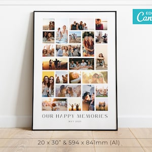 Op de afbeelding: Een collage van foto's van mensen in verschillende omgevingen, waaronder een strand, een park en een straat in de stad. De foto's zijn in een rasterpatroon gerangschikt en omgeven door een witte rand. De tekst "OUR HAPPY MEMORIES" en "MAY 2023" is onder de foto's afgedrukt. De collage is afgedrukt op een witte achtergrond en is ingelijst in een zwart frame.