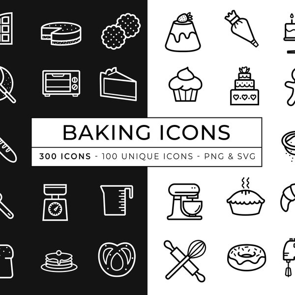 300 Baking Icons / Dessert Icon / Bakery cake shop icons / Outlined Vector Icons / Sweet Treats Icon / SVG cooking icons