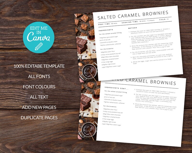 May include: Printable recipe card for salted caramel brownies. The recipe includes ingredients and instructions for making the brownies. The card features a collage of images of brownies and caramel sauce.