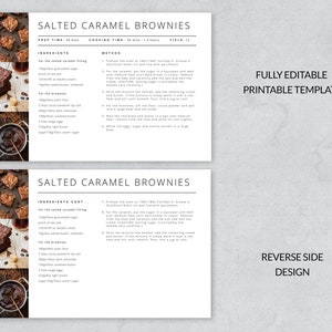 May include: Printable recipe template for Salted Caramel Brownies. The template includes a list of ingredients and instructions for making the brownies. The image shows a close-up of the recipe card with a picture of brownies in the background.