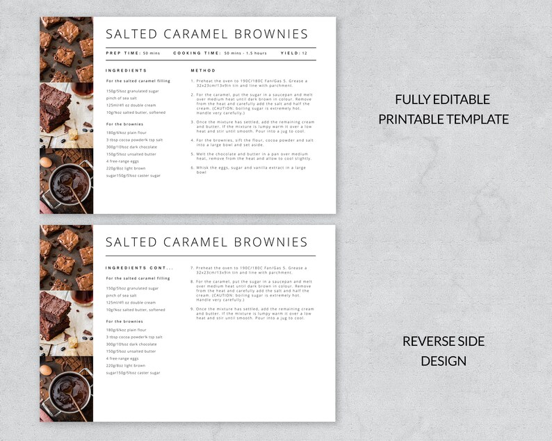 May include: Printable recipe template for Salted Caramel Brownies. The template includes a list of ingredients and instructions for making the brownies. The image shows a close-up of the recipe card with a picture of brownies in the background.