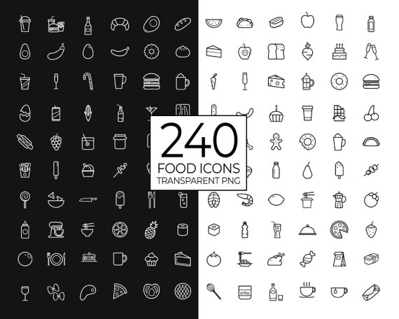 240 Food Icons / Food Clip Art / Food Blogger / Recipe Icons / Food Illustrations / Fruit Icon / Fast food Icons / Commercial Use / PNG