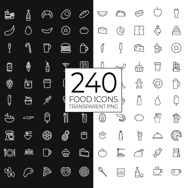 240 Food Icons / Food Clip Art / Food Blogger / Recipe Icons / Food Illustrations / Fruit Icon / Fast food Icons / Commercial Use / PNG