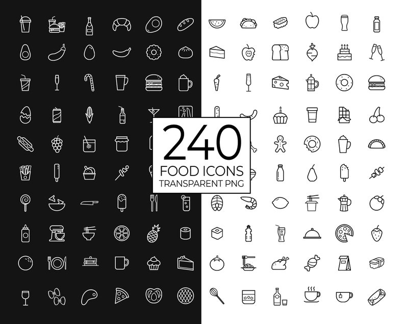 May include: A black and white illustration of 240 food icons. The icons are arranged in a grid pattern and include a variety of food items, such as fruits, vegetables, drinks, desserts, and meals.