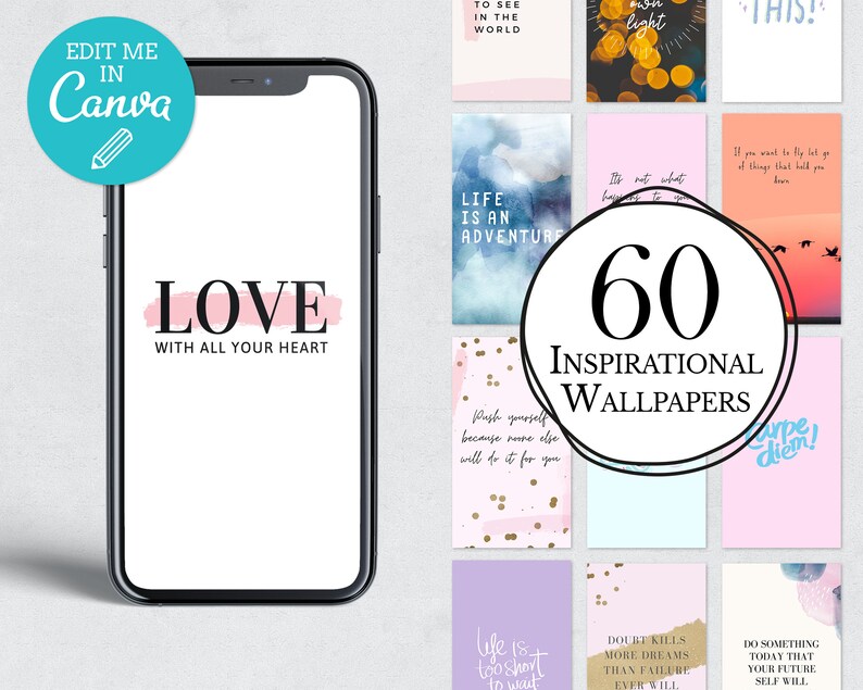 Puede incluir: Una colecci&oacute;n de 60 fondos de pantalla de tel&eacute;fono inspiradores con diferentes citas y dise&ntilde;os. Los fondos de pantalla presentan una variedad de colores y estilos, incluyendo rosa, azul y dorado. El texto en los fondos de pantalla incluye citas como "La vida es una aventura", "Amar con todo tu coraz&oacute;n" y "&iexcl;Carpe diem!"