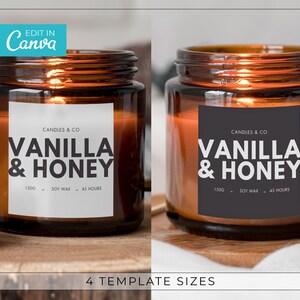 Könnte beinhalten: Zwei bernsteinfarbene Glaskerzenbehälter mit weißen Etiketten. Die Etiketten lauten "Candles & Co. Vanilla & Honey 150g Soy Wax 45 Hours".
