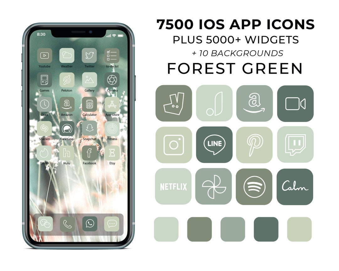 7500 Forest Green Aesthetic Ios 14 App Icons Social Media Icons Ios14  iPhone Icon App Pack Minimalist Icons Green Aesthetic Icon