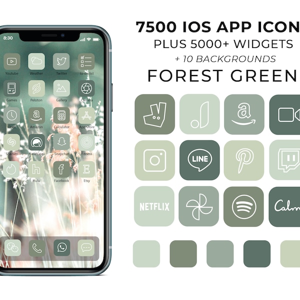 7500 Forest Green Aesthetic iOS 14 App Icons / Social Media icons iOS14 / iPhone Icon App Pack / Minimalist Icons / Green Aesthetic Icon