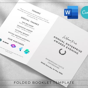 May include: A folded booklet template for an annual enterprise awards evening. The front cover features the text "Welcome to our Annual Enterprise Awards Evening" with a laurel wreath symbol. The back cover features the text "Folded Booklet Template" and the text "Special Thanks" with a list of names and titles. The booklet is designed in a minimalist style with black text on a white background.