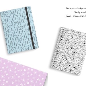 May include: Three different notebook covers with floral patterns. The first cover is light blue with a black floral pattern. The second cover is white with a black floral pattern. The third cover is light purple with a white floral pattern. The text on the image reads "Transparent backgrounds Totally seamless 3000 x 3000px PNG files".