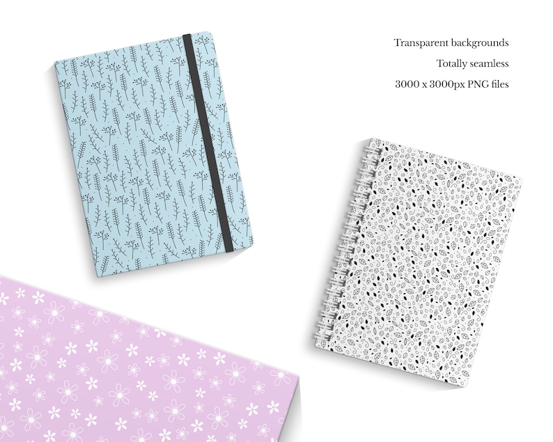 May include: Three different notebook covers with floral patterns. The first cover is light blue with a black floral pattern. The second cover is white with a black floral pattern. The third cover is light purple with a white floral pattern. The text on the image reads "Transparent backgrounds Totally seamless 3000 x 3000px PNG files".