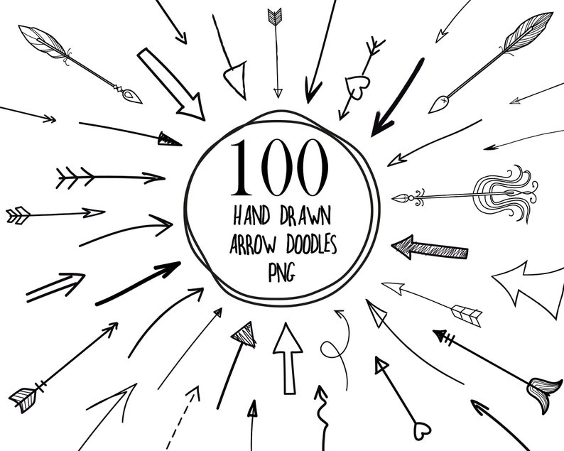 Pode incluir: Ilustra&ccedil;&atilde;o a preto e branco de 100 setas desenhadas &agrave; m&atilde;o. As setas variam em estilo, com penas, cora&ccedil;&otilde;es e outros elementos decorativos. O texto "100 Hand Drawn Arrow Doodles PNG" est&aacute; dentro de um c&iacute;rculo.