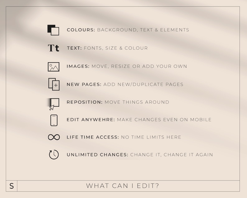 May include: A beige graphic with black text and icons detailing editing features. Text includes "Colours", "Text", "Images", "New Pages", "Reposition", "Edit Anywhere", "Life Time Access", and "Unlimited Changes". The bottom reads "What Can I Edit?"