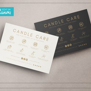 Gouden kaars zorg kaartsjabloon / bewerkbare kaars instructies pictogrammen kaart / afdrukbare kaars zorg invoegen ontwerp / Business Care Card / LUNA