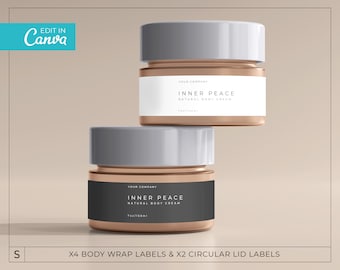 May include: Two glass jars with lids, one on top of the other. Both jars have a brown base and a silver lid. The labels on the jars are black and white and say "YOUR COMPANY INNER PEACE NATURAL BODY CREAM 1oz/150ml".