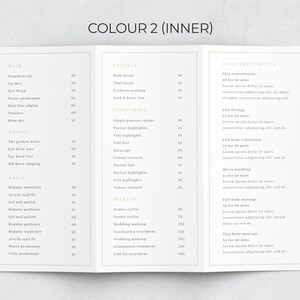 May include: A white tri-fold brochure with a gold border and the title "COLOUR 2 (INNER)". The brochure lists prices for various beauty services, including hair, facials, coloring, makeup, and body treatments.