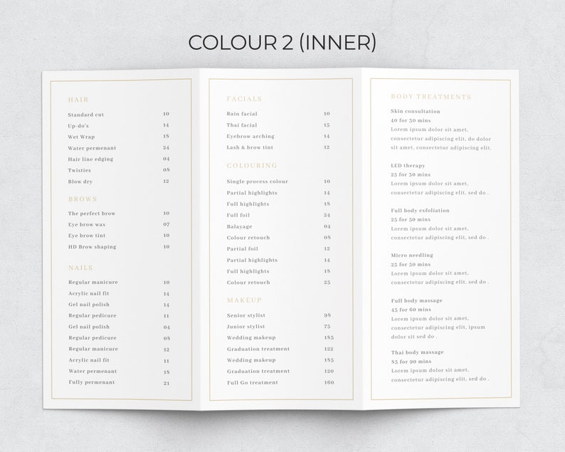 May include: A white tri-fold brochure with a gold border and the title "COLOUR 2 (INNER)". The brochure lists prices for various beauty services, including hair, facials, coloring, makeup, and body treatments.