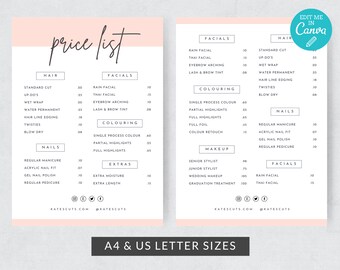 May include: A pink and white price list for a hair and beauty salon. The list includes services such as haircuts, facials, manicures, pedicures, and makeup. Prices are listed in pounds sterling.