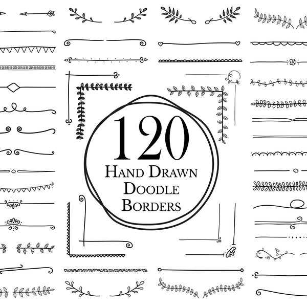 120 Hand Drawn Frames /  Hand drawn Design Elements / Doodle Border Clipart / Laurels / Doodle Illustration Frames / Doodle Divider Clipart