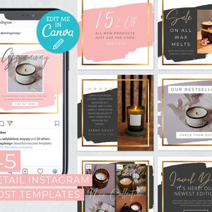 Puede incluir: Un smartphone muestra plantillas de publicaciones de Instagram para minoristas. Las plantillas presentan marcos dorados, fondos rosas y negros e imágenes de velas. El texto incluye "Giveaway", "15% Off" y "Sale on Wax Melts."