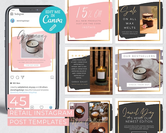 45 Editable Instagram Templates / Retail Instagram Template / Gold Instagram Post Templates / Influencer Instagram Posts / Shop Posts