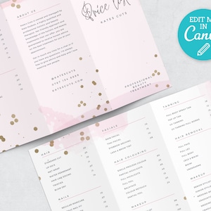 May include: A pink and gold price list for a beauty salon called "Kate's Cuts". The price list includes services such as haircuts, facials, hair coloring, tanning, hair removal, and makeup. The salon's contact information is also included.