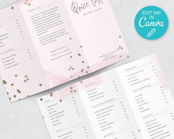 Tri-Fold Pink & Gold Editable Price list Template / Z Fold / Folded Modern Price list / Printable Salon Templates / Price list Design / FAY