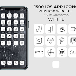 May include: A white background with black icons for popular apps such as Instagram, Netflix, Spotify, and Amazon. The text "1500 IOS APP ICONS PLUS 1050 WIDGETS + 10 BACKGROUNDS WHITE" is at the top of the image.