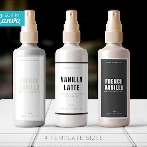 Może przedstawiać: Trzy butelki sprayu do ciała z beżowymi dyszami i etykietami. Etykiety zawierają napisy "French Vanilla" i "Vanilla Latte". Butelki znajdują się na białej powierzchni. Tekst "4 TEMPLATE SIZES" znajduje się na dole.