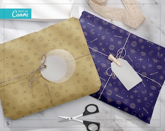May include: Two gift boxes wrapped in patterned paper. The paper features a repeating pattern of moons, stars, suns, and eyes. One box is wrapped in gold paper with a white circle label. The other box is wrapped in blue paper with a white tag.