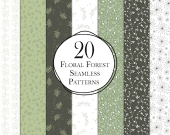 20 Seamless Floral Patterns Digital Download / Green Foliage Digital Paper Patterns / Hand Drawn Floral Pattern Wallpaper / Ferns & Foliage