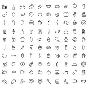 May include: A set of 100 black and white line icons depicting various food and drink items. The icons include fruits, vegetables, desserts, beverages, and other culinary items.