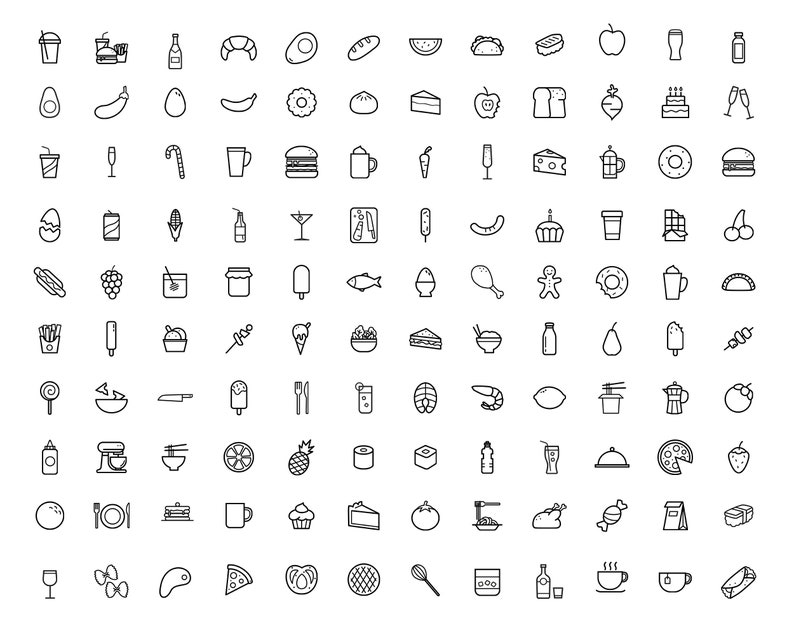 May include: A set of 100 black and white line icons depicting various food and drink items. The icons include fruits, vegetables, desserts, beverages, and other culinary items.
