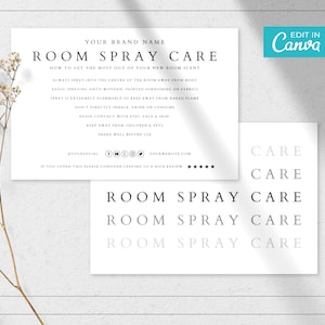 May include: White card with black text that reads "YOUR BRAND NAME ROOM SPRAY CARE" and instructions on how to use room spray. The card also includes social media icons and a five-star rating.