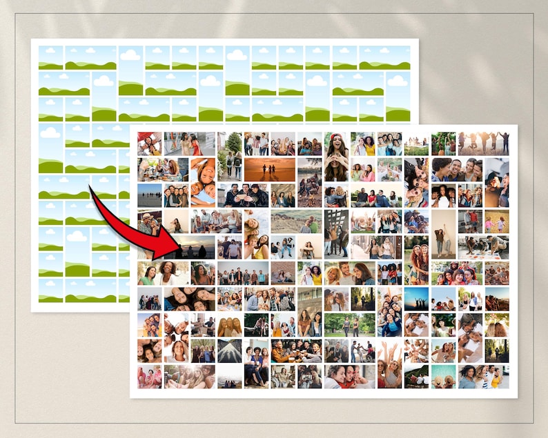 May include: A photo collage featuring numerous small images of people, arranged in a grid. The images depict various groups of people, likely friends and family, in different settings. A second image shows a landscape design.