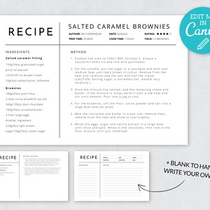 Pode incluir: Um cart&atilde;o de receita imprim&iacute;vel para brownies de caramelo salgado. O cart&atilde;o de receita inclui uma lista de ingredientes e instru&ccedil;&otilde;es para fazer os brownies. O cart&atilde;o foi projetado para ser editado no Canva.