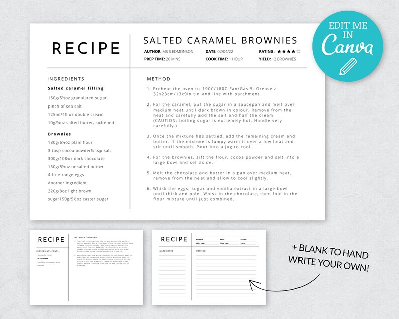 Pode incluir: Um cart&atilde;o de receita imprim&iacute;vel para brownies de caramelo salgado. O cart&atilde;o de receita inclui uma lista de ingredientes e instru&ccedil;&otilde;es para fazer os brownies. O cart&atilde;o foi projetado para ser editado no Canva.