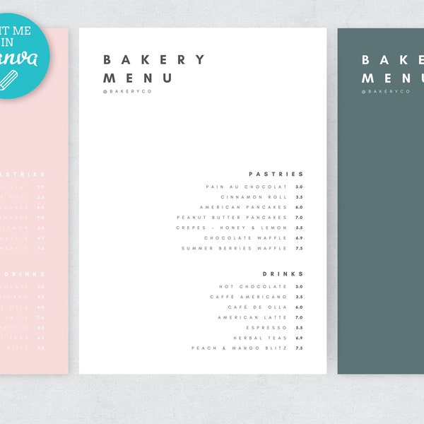 Minimalist Bakery Menu Template  / Editable Restaurant Menu  / Simple Cafe Price List / Printable Wedding Menu Card / Cafe Menu / Price list