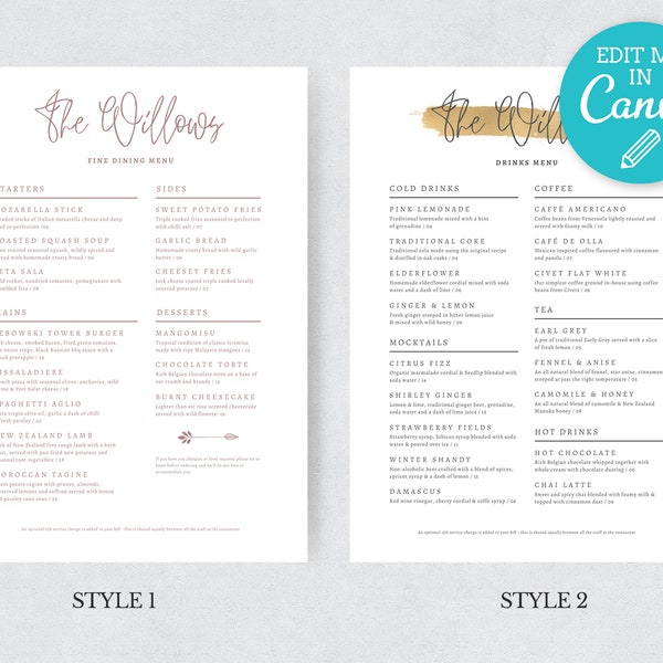 Elegant Menu Template  / Minimalist Gold Restaurant Menu  / Printable Wedding Menu Card / Editable Simple Bar Menu / Cafe Menu / Price list