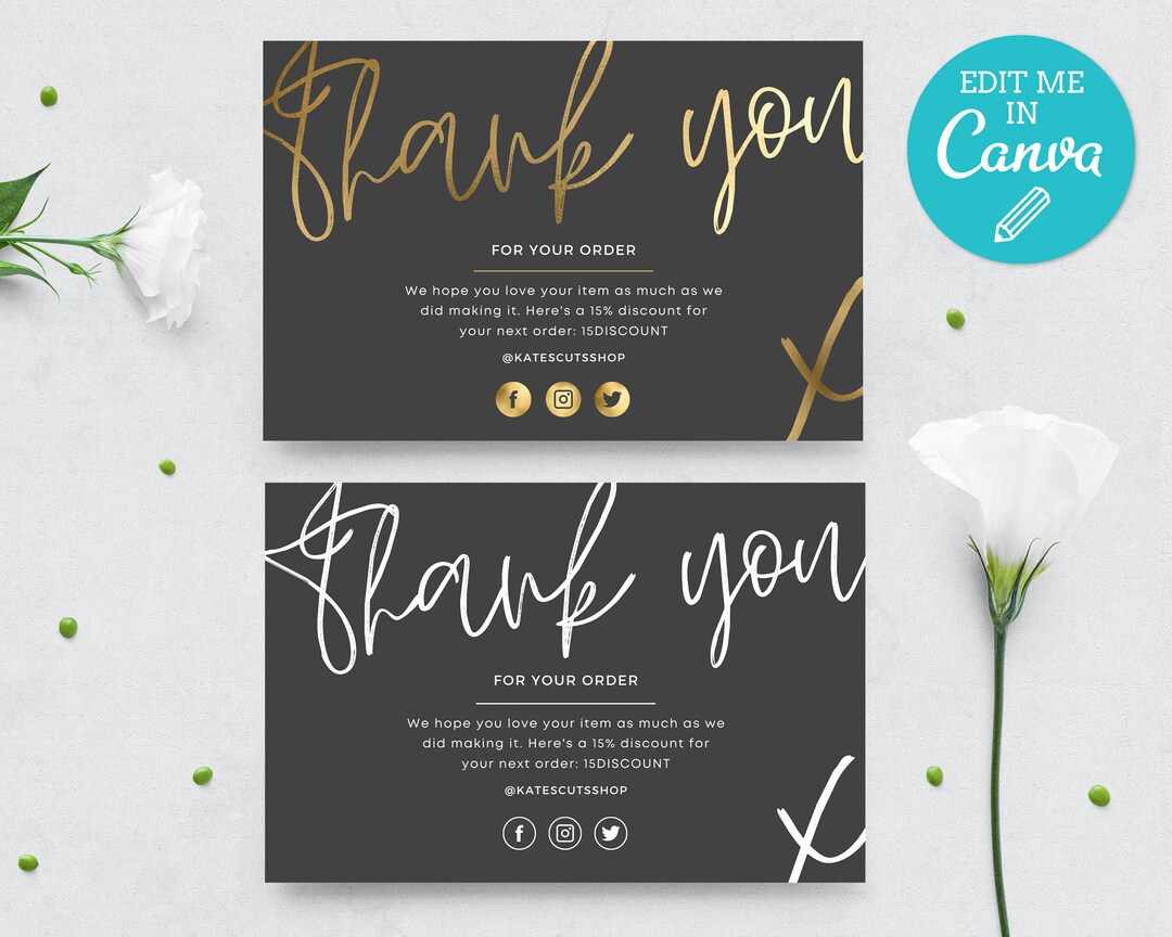 Black & Gold Thank You Card Template / Editable Thank You for Your ...
