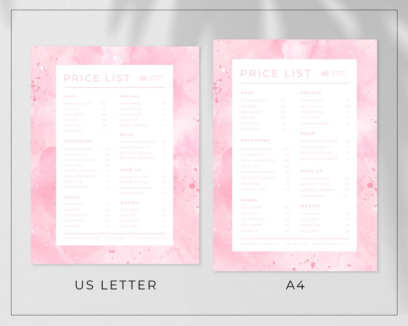 Pink Price List Template / Lady Boss Editable Pricelist / Beauty Salon ...