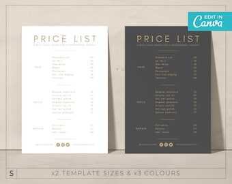 May include: Two black and white price lists for a hair salon. The price list is titled "Price List" and lists prices for hair, nails, and repair services. The prices are listed in US dollars.